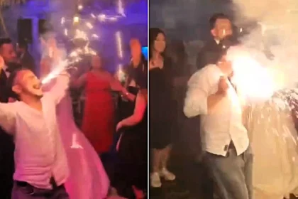 A wedding guest was taken to hospital after a cake sparkler exploded in his mouth in Turkey - he had placed the lit pyrotechnic between his teeth while dancing.