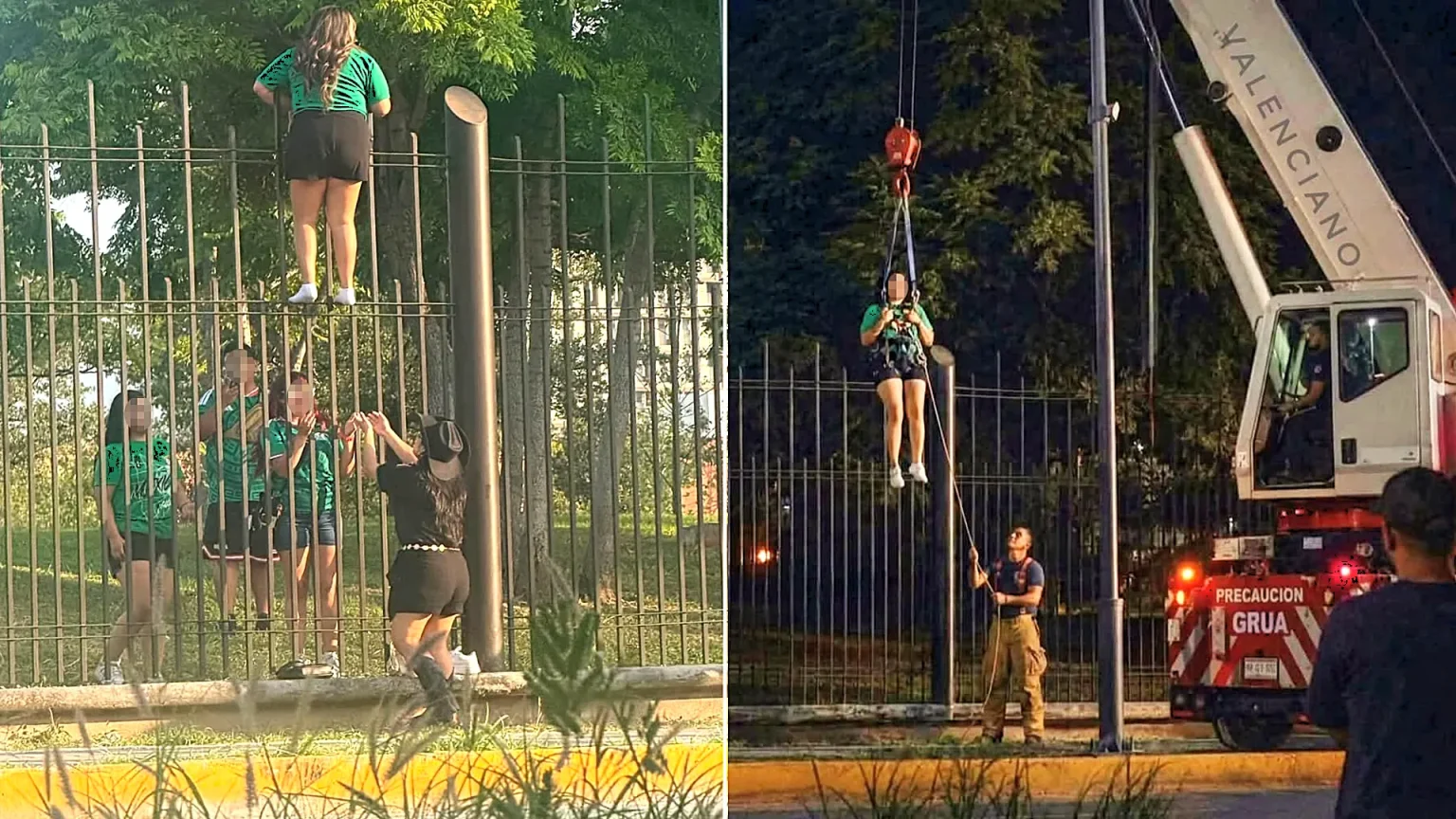 A Mexico fan had to be rescued by a crane after getting stuck halfway up a 13ft fence while trying to sneak into a sold-out World Cup fan area in Monterrey.