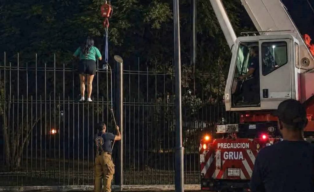 A Mexico fan had to be rescued by a crane after getting stuck halfway up a 13ft fence while trying to sneak into a sold-out World Cup fan area in Monterrey.