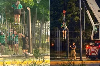 A Mexico fan had to be rescued by a crane after getting stuck halfway up a 13ft fence while trying to sneak into a sold-out World Cup fan area in Monterrey.