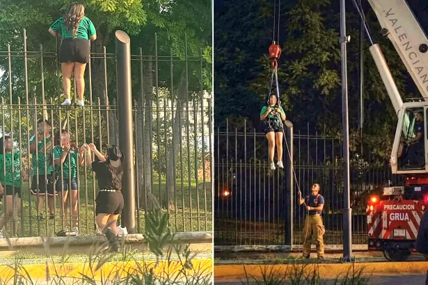 A Mexico fan had to be rescued by a crane after getting stuck halfway up a 13ft fence while trying to sneak into a sold-out World Cup fan area in Monterrey.