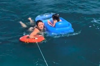 A young girl was swept far out to sea on an inflatable lounger as terrified beachgoers watched - coastguards reached her just in time and brought her ashore unharmed.