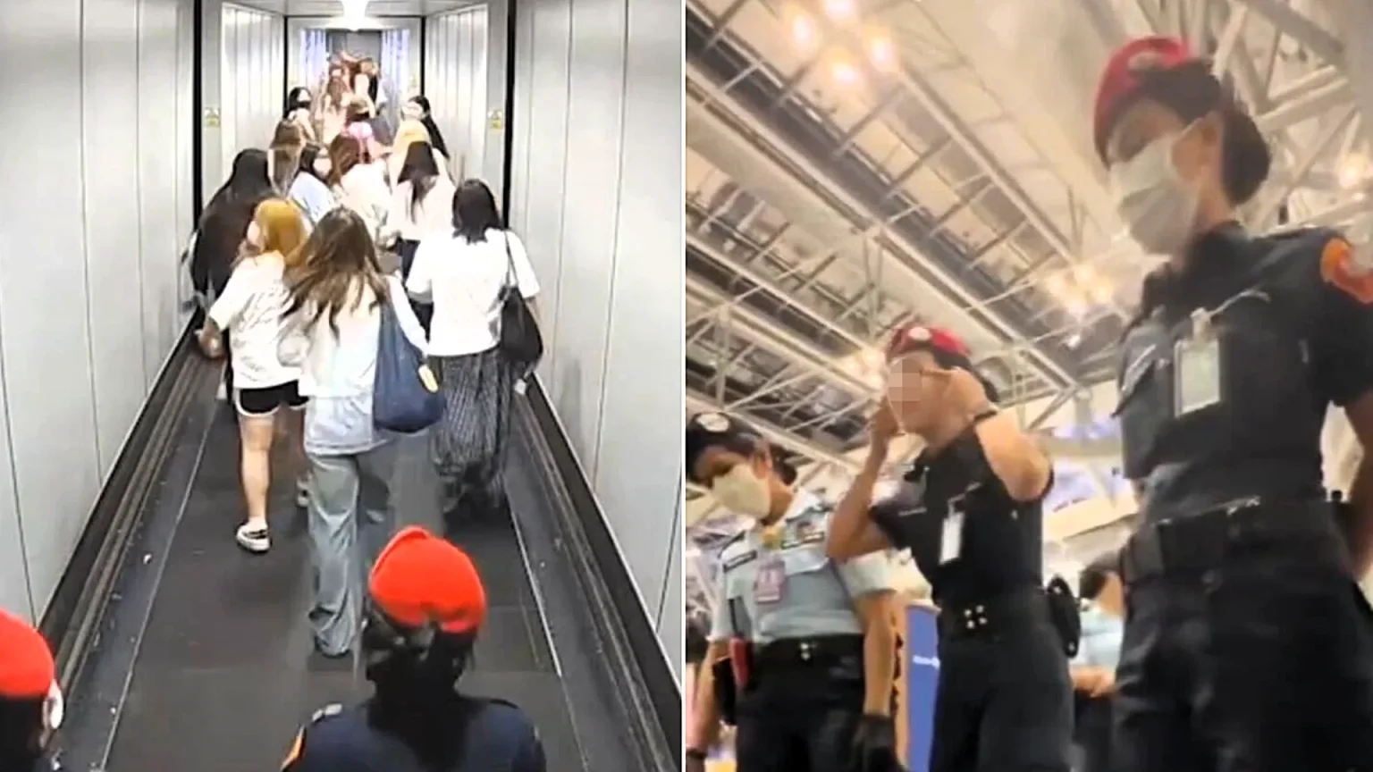 Airport officials have apologised after a security guard was filmed apparently making a racist gesture to Chinese tourists during a chaotic boarding row in Bangkok.