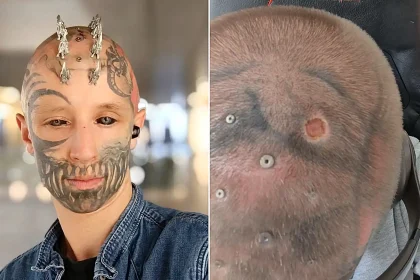 Blind man with tattooed black eyeballs reveals his extreme body mods turned into a nightmare after a metal head implant became so infected with pus it had to be surgically removed.