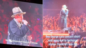 Boy George left fans fuming after storming off stage just three songs into an 80s concert in Frankfurt - blaming earpiece sound problems he claimed could even be sabotage.