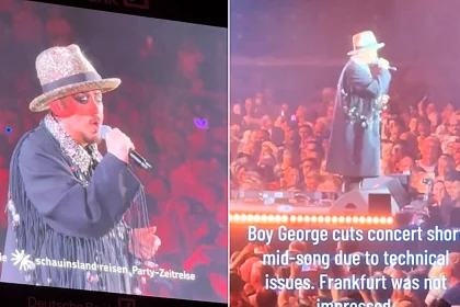 Boy George left fans fuming after storming off stage just three songs into an 80s concert in Frankfurt - blaming earpiece sound problems he claimed could even be sabotage.