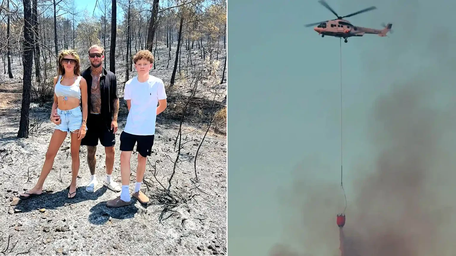 Three British holidaymakers have been hailed as heroes after running towards a raging wildfire in flip-flops to help exhausted firefighters near Fethiye, Turkey.