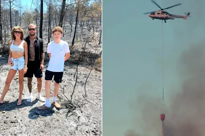 Three British holidaymakers have been hailed as heroes after running towards a raging wildfire in flip-flops to help exhausted firefighters near Fethiye, Turkey.