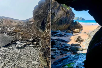 A cave made famous by the BBC's Poldark has been destroyed in a Cornwall cliff fall - with thousands of tonnes of rock burying the ancient holy well pilgrims flocked to.