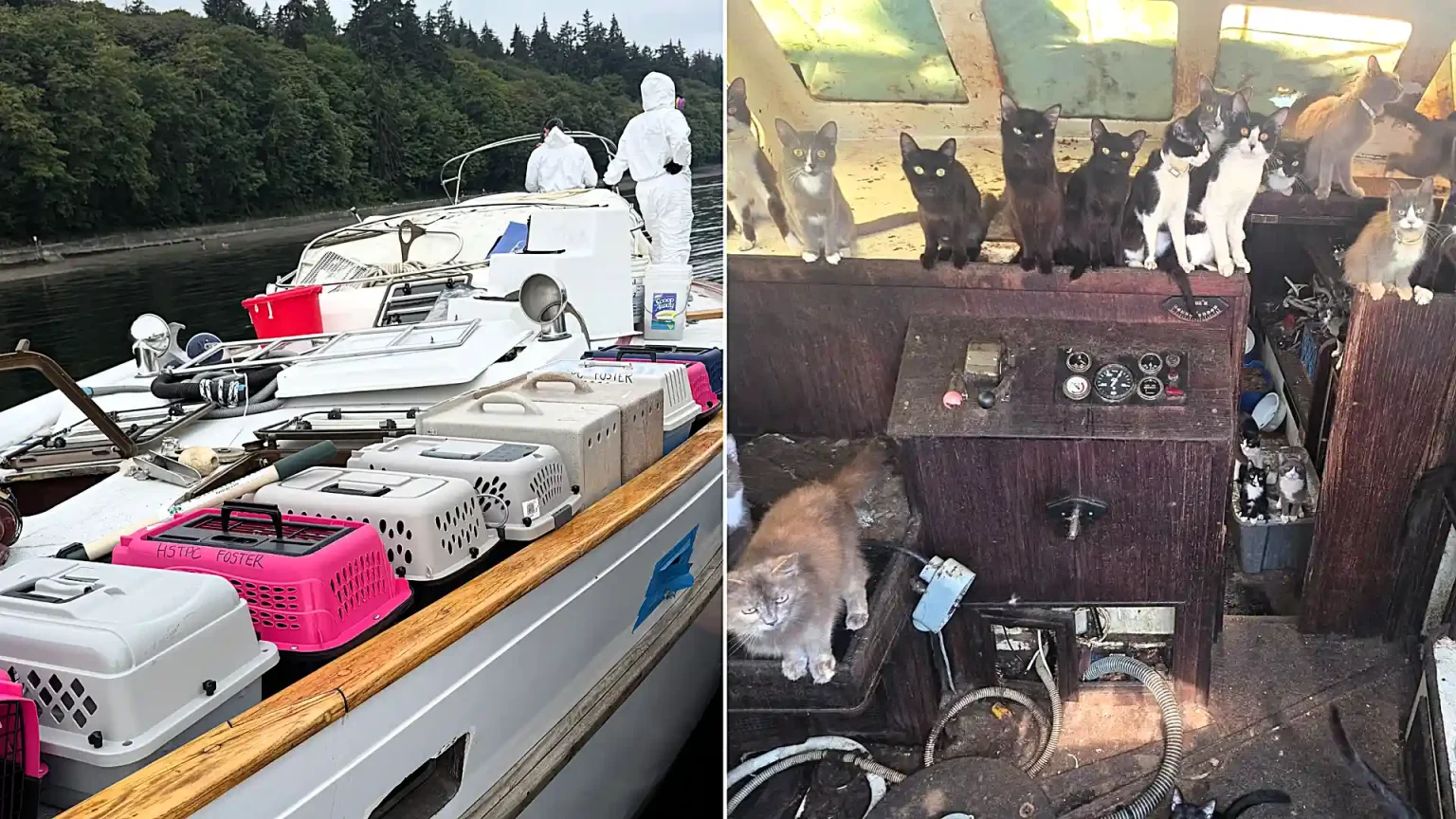 A boat reported for improper lighting turned out to hide an extraordinary secret - more than 30 cats and kittens living aboard, sparking a two-day rescue operation.