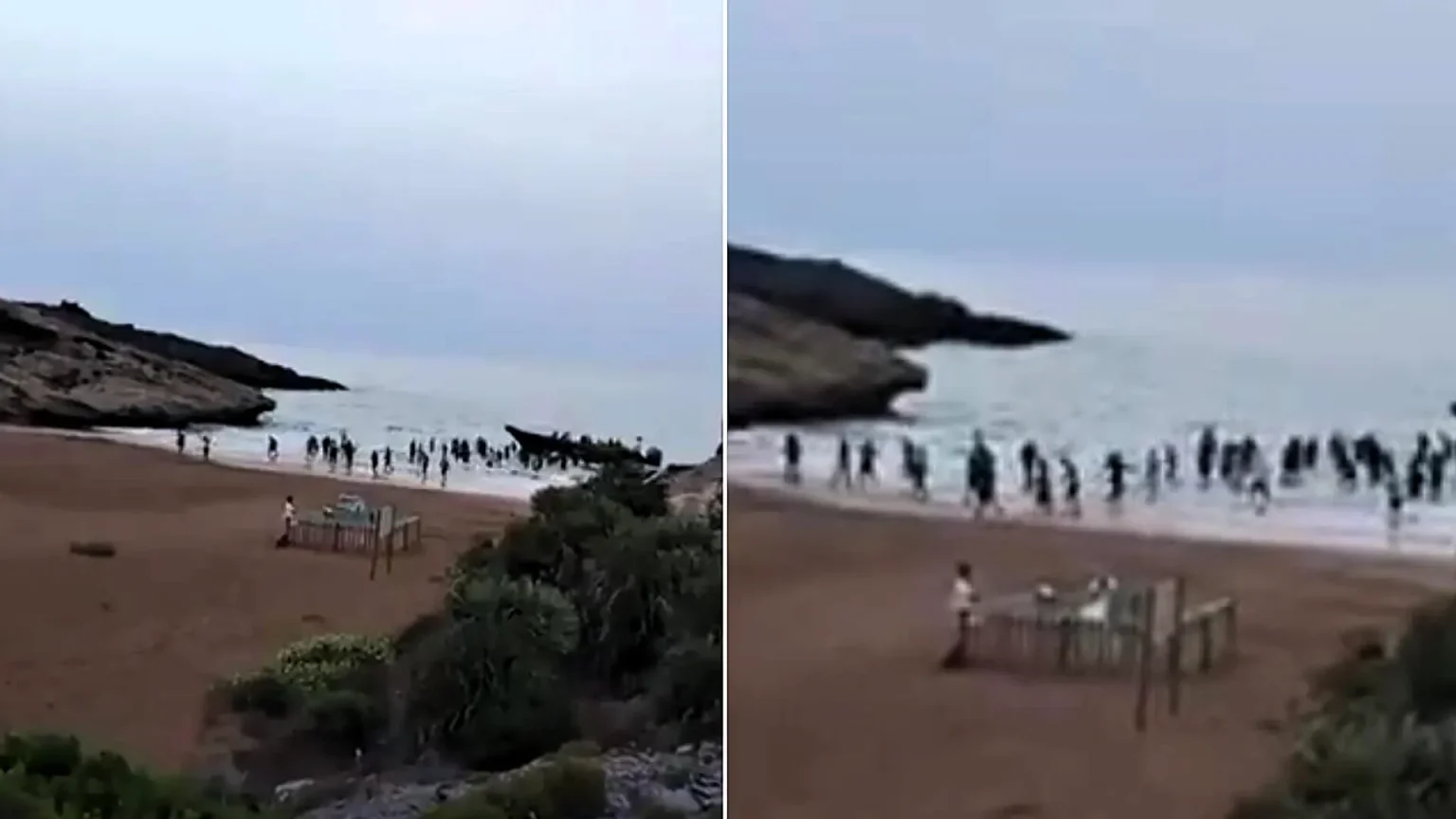 Dramatic footage shows 52 migrants landing at a protected beauty spot in Murcia, Spain, after a speedboat dropped them off and sped back out to sea.