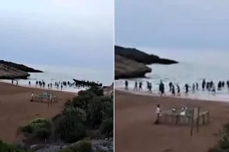Dramatic footage shows 52 migrants landing at a protected beauty spot in Murcia, Spain, after a speedboat dropped them off and sped back out to sea.