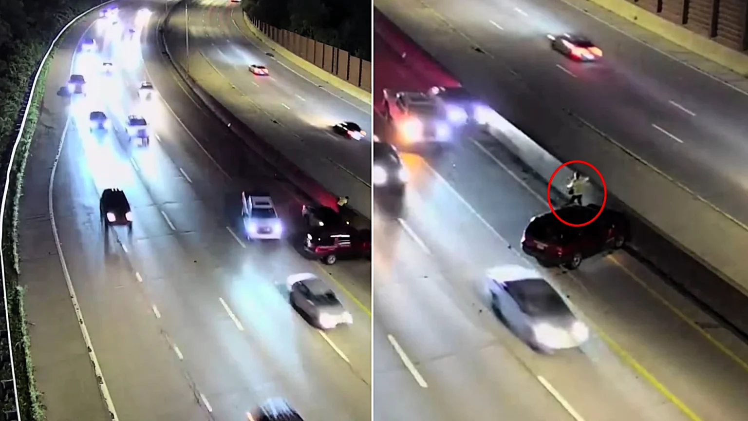 A pedestrian cheated death by leaping onto a motorway barrier just seconds before an out-of-control car smashed into their stranded vehicle on a busy US interstate.