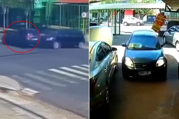 A driver sent spinning out of control by a crash accidentally slotted her car into a perfect parking space between two vehicles at a Brazilian dealership - without a scratch on either.