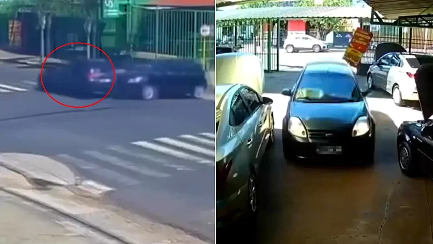 A driver sent spinning out of control by a crash accidentally slotted her car into a perfect parking space between two vehicles at a Brazilian dealership - without a scratch on either.
