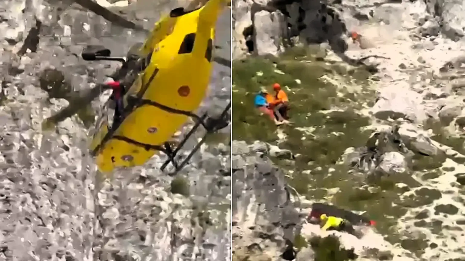 Shocking footage shows a rescue doctor stumbling and tumbling down a rocky mountainside alongside her stretcher - while trying to save a stranded climber.