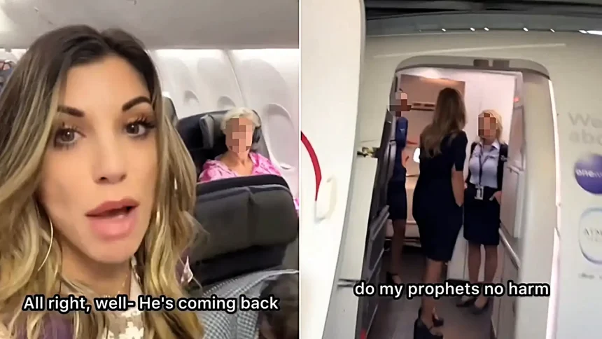 An evangelist has been banned for life by an airline after she was booted off a plane for preaching to passengers who had no choice but to listen.