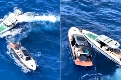 A dramatic air-and-sea chase unfolded off a popular holiday hotspot after a man allegedly stole an £855,000 boat and tried to ram police vessels pursuing him.
