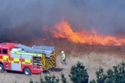 A golf club in a Cornish village dubbed 'Hollywood-on-Sea' has been threatened by wildfire flames sparked by a tractor hitting a stone while topping a field.