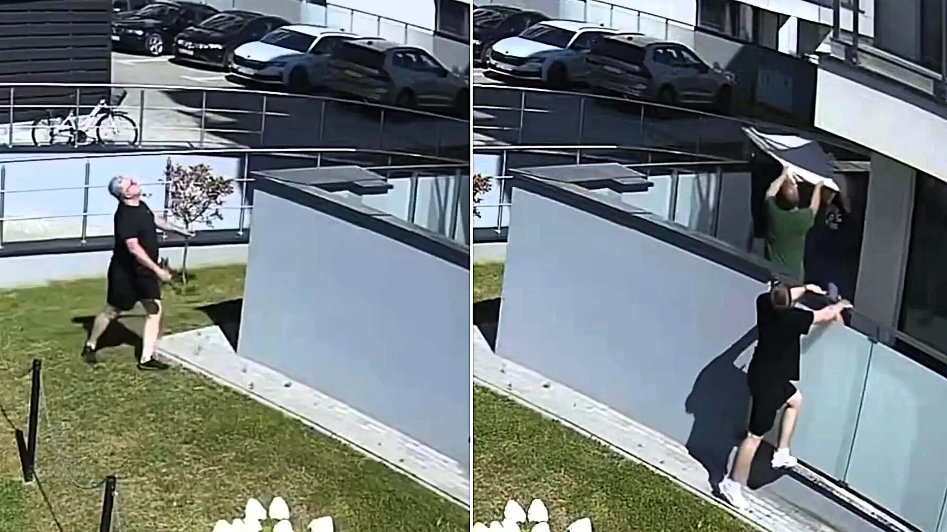 Hero neighbours have saved a four-year-old girl after she plunged from a 5th-floor balcony, stretching out a blanket to catch her in the nick of time.