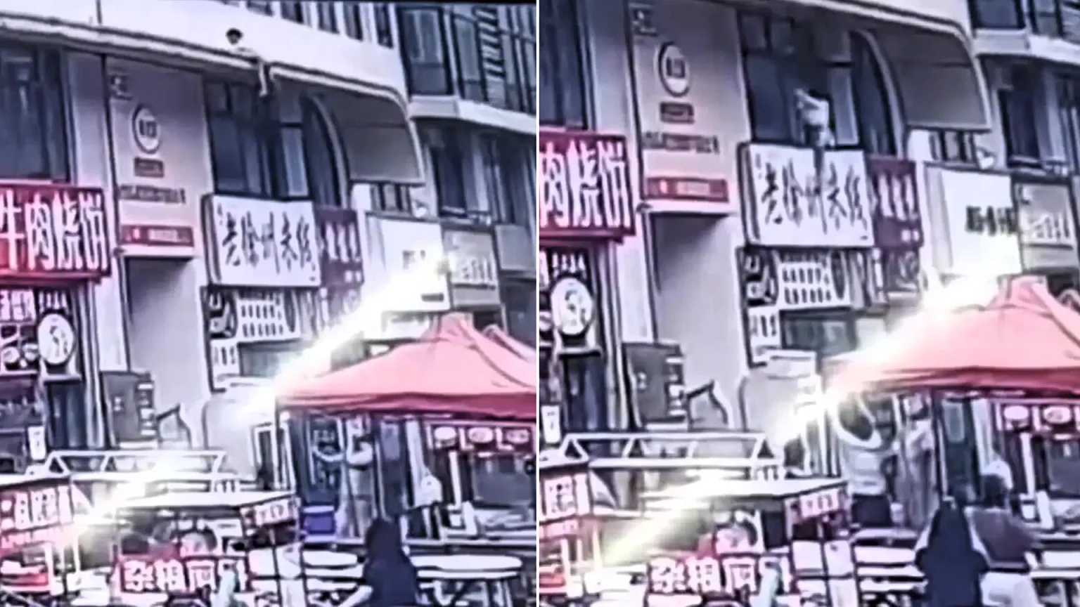 A hero passer-by caught a two-year-old girl with his bare hands as she plunged 20ft from a ledge in China - she escaped with just a fractured ankle.