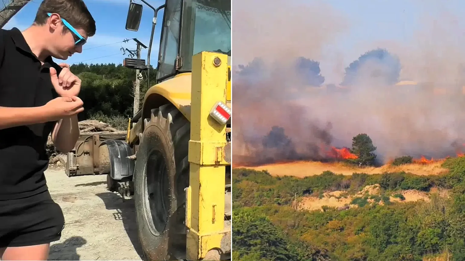 A young hero's £25,000 digger was written off as he battled for two hours to save a Cornish village dubbed Hollywood-on-Sea from a raging wildfire.