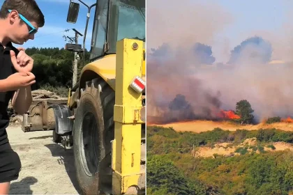 A young hero's £25,000 digger was written off as he battled for two hours to save a Cornish village dubbed Hollywood-on-Sea from a raging wildfire.