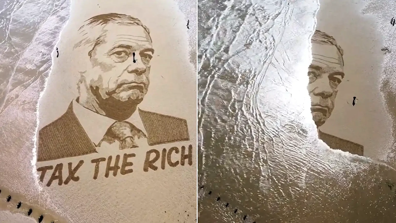 A huge Nigel Farage sand mural etched onto a Yorkshire beach has been washed away by the North Sea ahead of the Reform UK leader's by-election face-off.