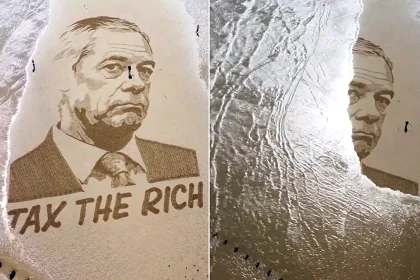 A huge Nigel Farage sand mural etched onto a Yorkshire beach has been washed away by the North Sea ahead of the Reform UK leader's by-election face-off.