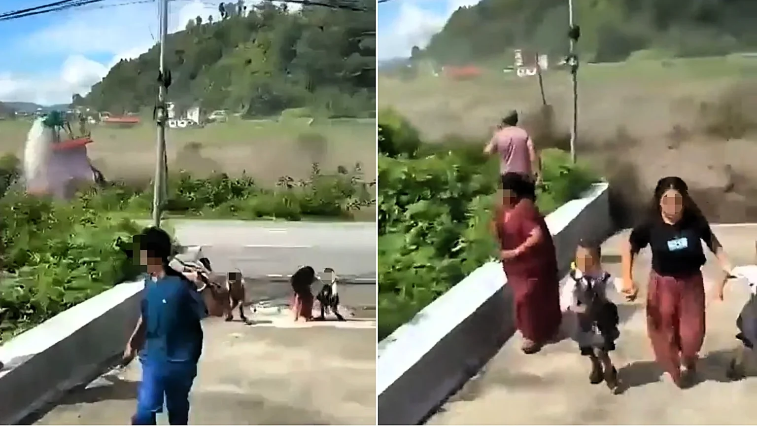 Remarkable footage shows the moment a woman saved two children from a devastating flash flood by the skin of their teeth - scrambling uphill seconds before it hit.