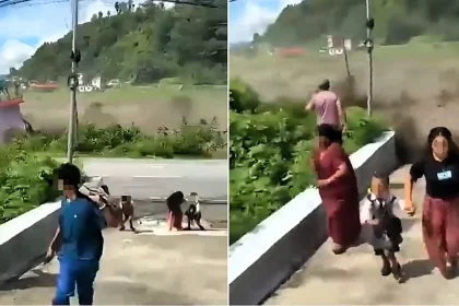 Remarkable footage shows the moment a woman saved two children from a devastating flash flood by the skin of their teeth - scrambling uphill seconds before it hit.