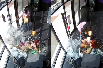 Dramatic footage shows an e-scooter rider ploughing through a shop's glass front - after hundreds of students descended on a Baltimore mall on their first day back.