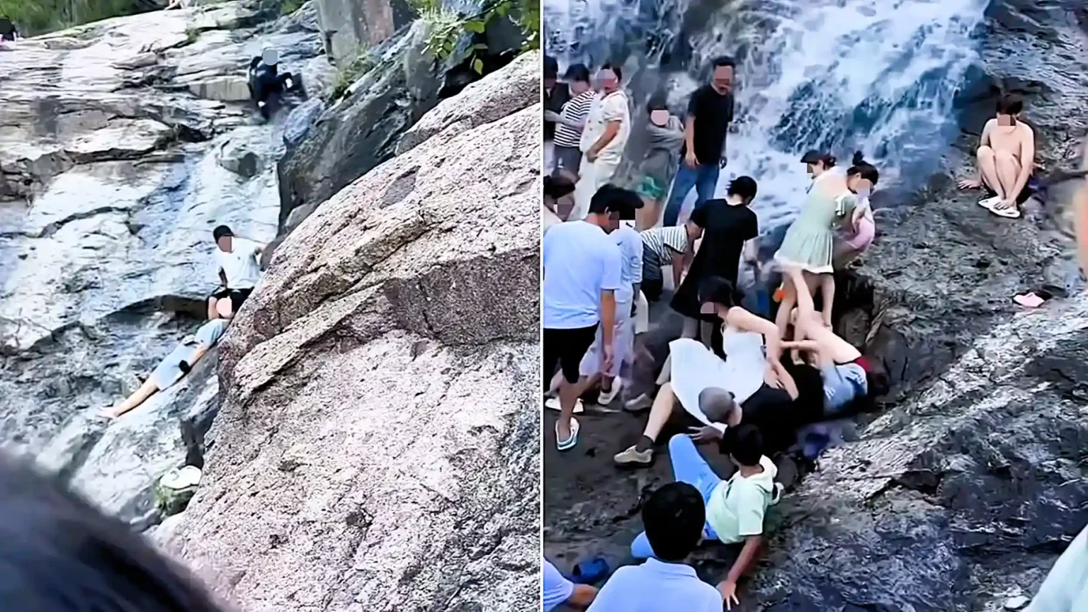 A man who slipped at the top of a waterfall plummeted down the rocks and wiped out three other visitors - earning him the nickname human bowling ball.
