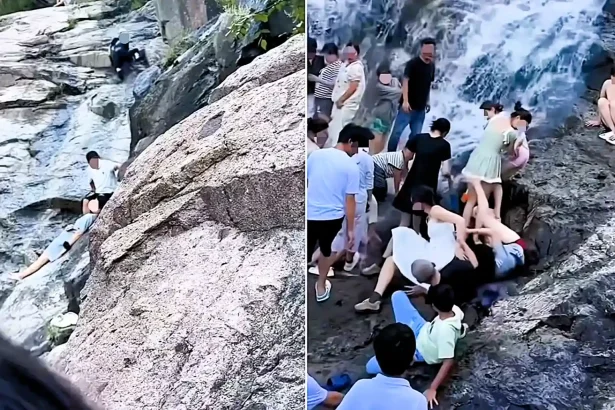 A man who slipped at the top of a waterfall plummeted down the rocks and wiped out three other visitors - earning him the nickname human bowling ball.