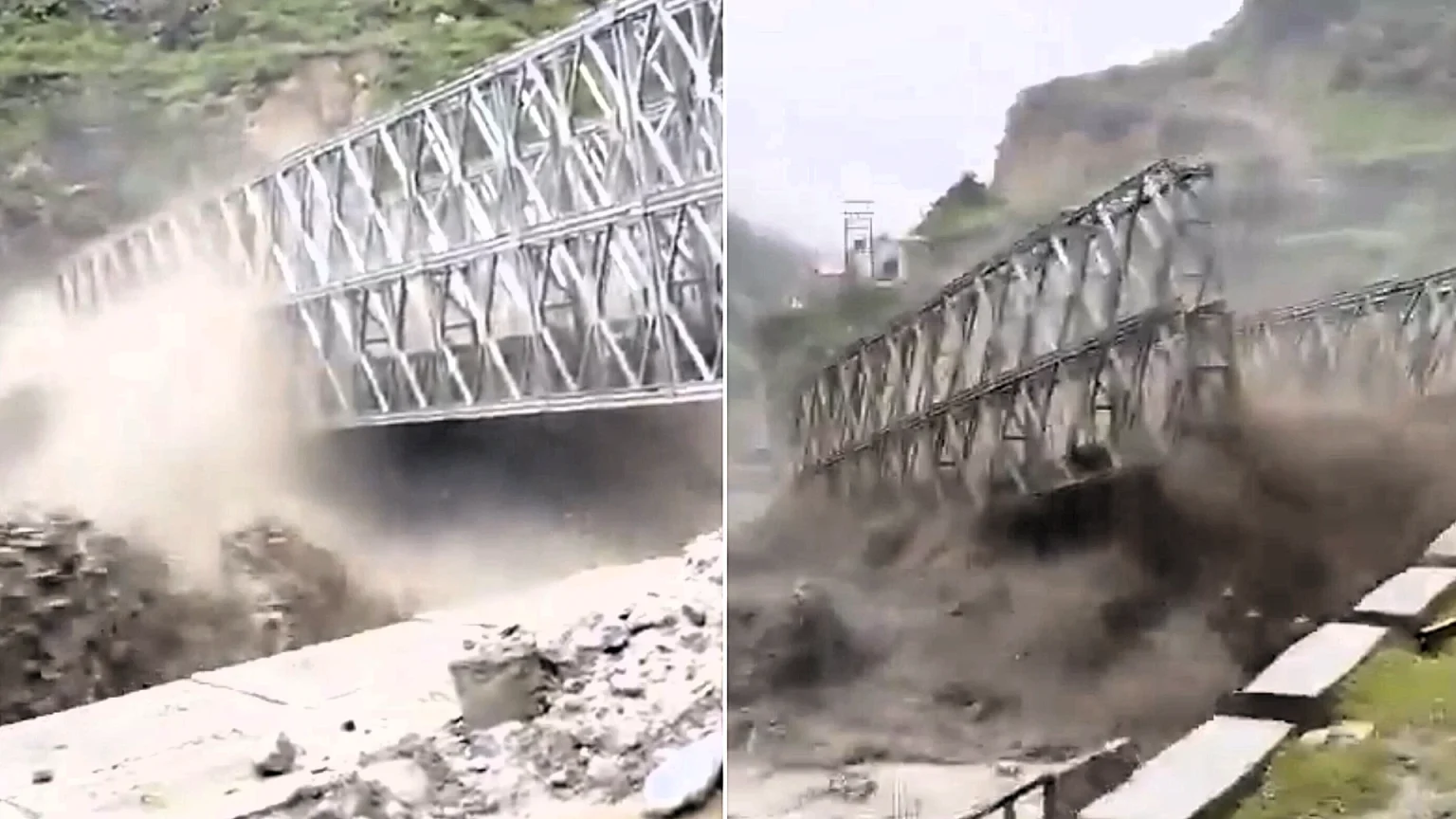 Terrifying footage shows a metal bridge swept away in seconds by a flash flood in India's Niti Valley, cutting off more than a dozen remote villages.