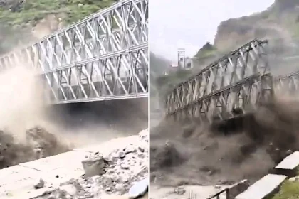 Terrifying footage shows a metal bridge swept away in seconds by a flash flood in India's Niti Valley, cutting off more than a dozen remote villages.