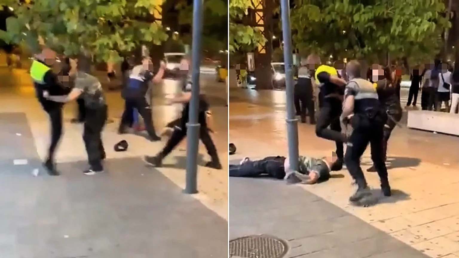 Moment security guard appears to unleash MMA-style beating on two men in tourist hotspot