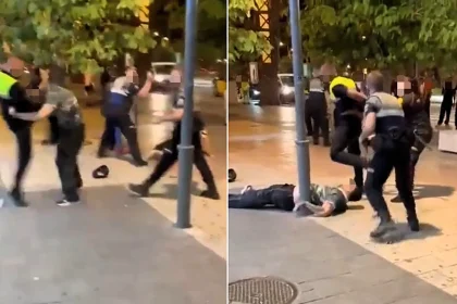 Moment security guard appears to unleash MMA-style beating on two men in tourist hotspot