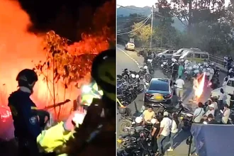 Two major forest fires tore through woodland after mourners set off fireworks at a funeral - with CCTV showing one pyrotechnic doing a 180-turn into a pickup truck before exploding.