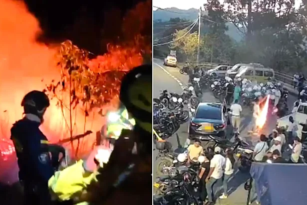 Two major forest fires tore through woodland after mourners set off fireworks at a funeral - with CCTV showing one pyrotechnic doing a 180-turn into a pickup truck before exploding.