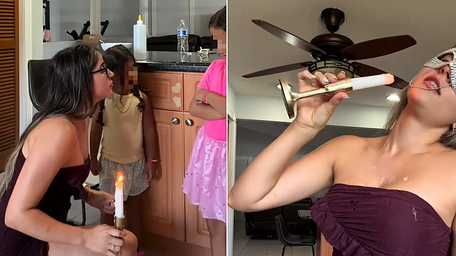 A mum has been arrested after videos allegedly showed her pouring melted candle wax onto her young daughters and setting fire to clothing inside their home.