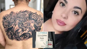 A mum-of-three died after allegedly being given animal anaesthetic while getting a huge tattoo finished at home - with a nursing assistant hired to inject her.