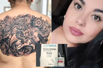 A mum-of-three died after allegedly being given animal anaesthetic while getting a huge tattoo finished at home - with a nursing assistant hired to inject her.