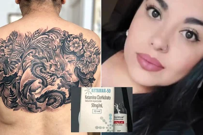 A mum-of-three died after allegedly being given animal anaesthetic while getting a huge tattoo finished at home - with a nursing assistant hired to inject her.