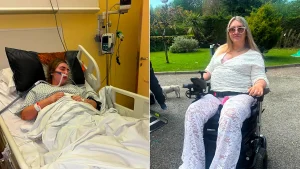 Beautician whose spine was crushed like a Coke can after her car plunged from a 20ft bridge says she is determined to walk again - and is raising 35,000 for stem cell therapy.