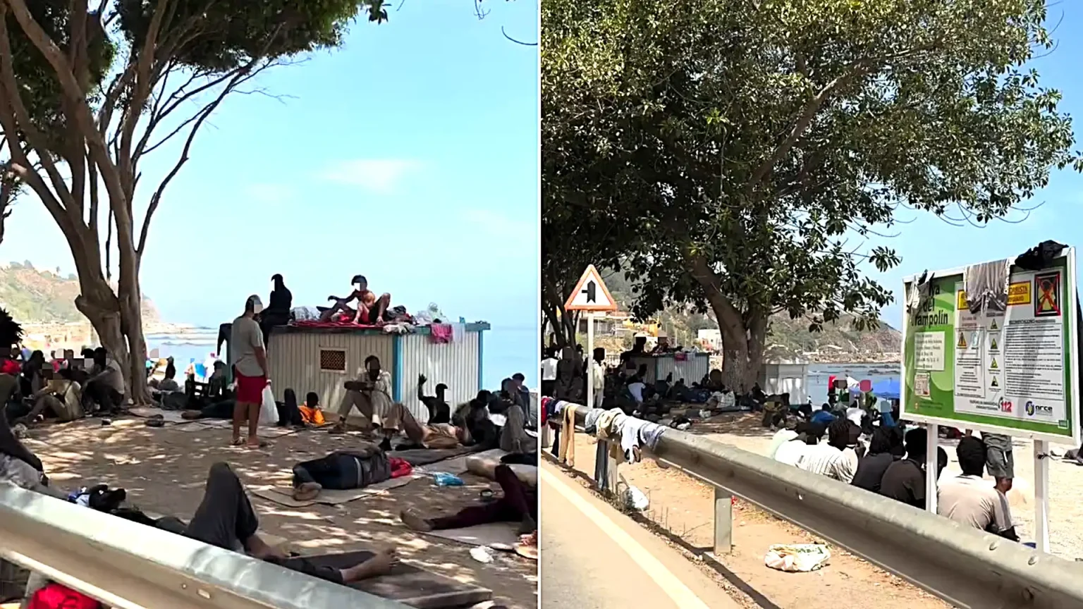 A shocking video shows how a popular beach in Ceuta, Spain, has been turned into a huge open-air camp of huts and tents following a recent border rush.