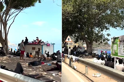 A shocking video shows how a popular beach in Ceuta, Spain, has been turned into a huge open-air camp of huts and tents following a recent border rush.