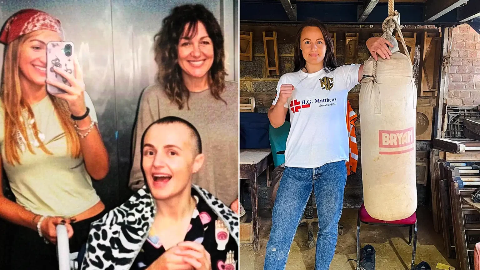 A champion boxer has flown home to the UK after suffering a bleed on the brain during sparring - with fans raising more than £97,000 to bring her back.