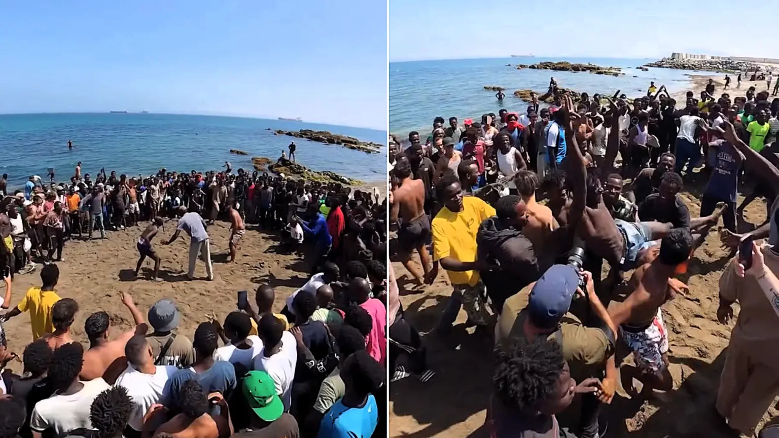 Scores of migrants have been filmed holding a bizarre wrestling contest on a Spanish beach in Ceuta - weeks after a mass rush at the border.