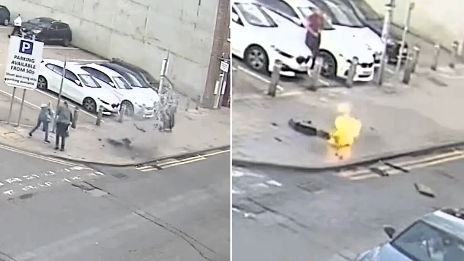 Terrifying CCTV shows a pavement exploding into flames as pedestrians walk just one metre away - the blast in Boston, Lincs, was caused by an underground cable fault.
